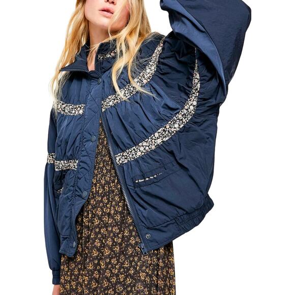 Free People Bomber Blue & Floral Jacket | XS| Zip Up - Picture 1 of 16
